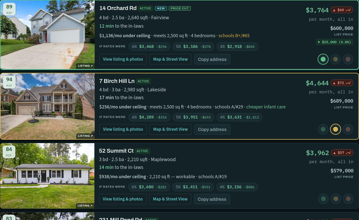 The Family Move Planner listing feed, with sample data